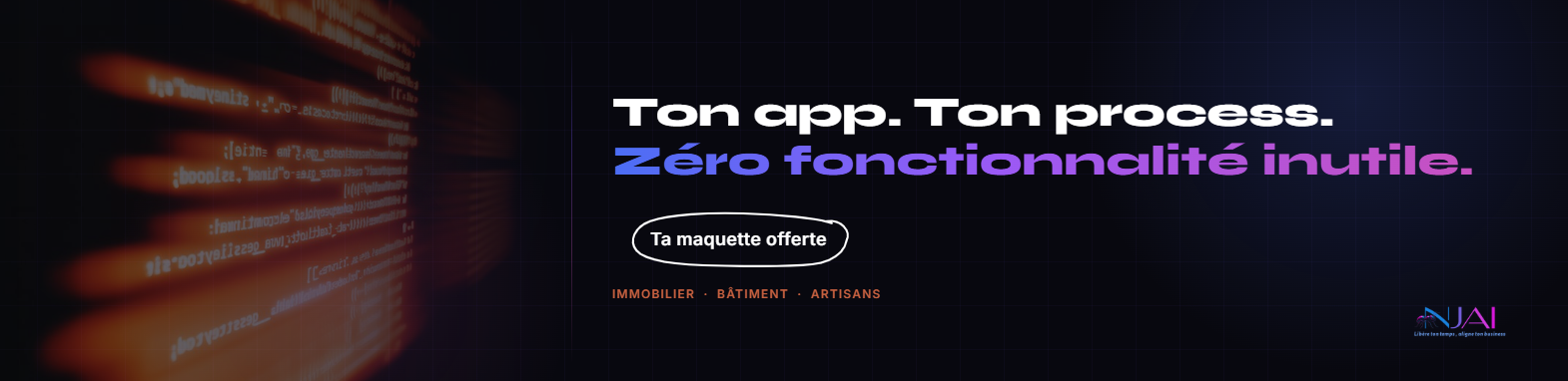Agent IA immobilier NjAI affichant des prospects, relances et biens immobiliers dans un tableau de bord